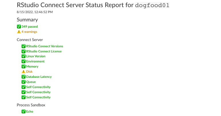 示例(部分)服务器状态报告摘要的屏幕截图。