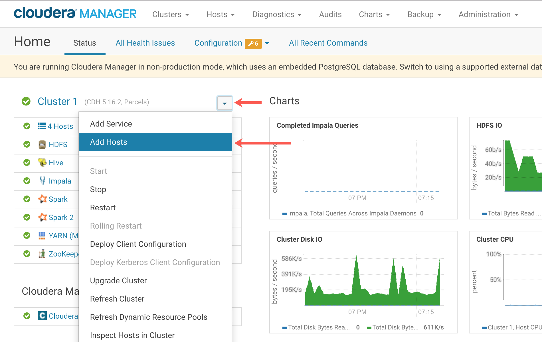 Cloudera Manager仪表板，添加主机选项UI截图